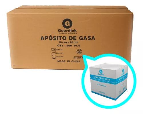 Aposito de gasa no tejida esteril Geerdink 10 CM x 20 CM – Caja madre x 400 unidades