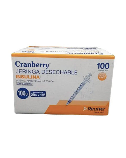 Jeringa Insulina 29g X 1/2  Caja de 100 Unidades Cranberry