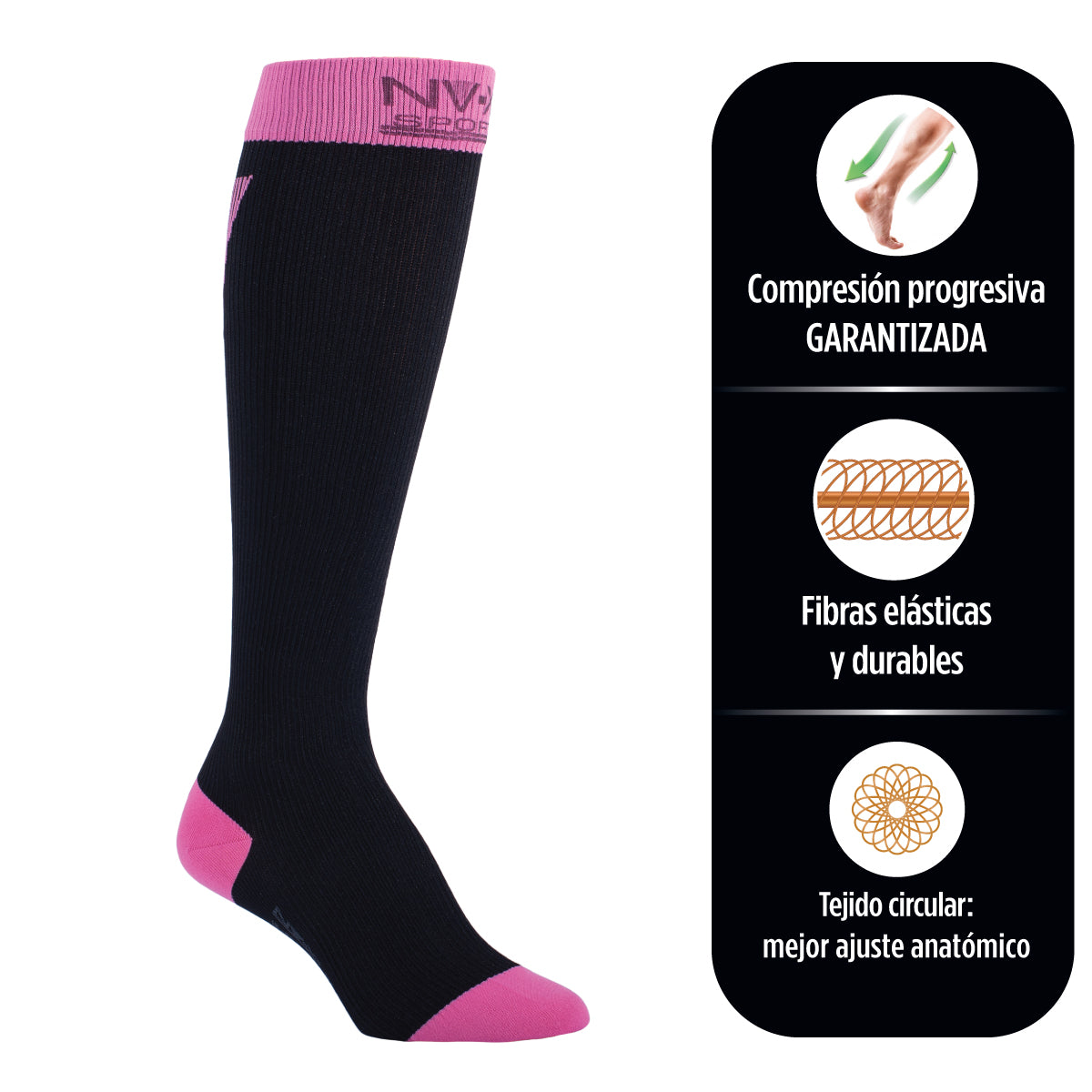 Calcetín Sport Compresivo Negro/rosado No-varix 15/20