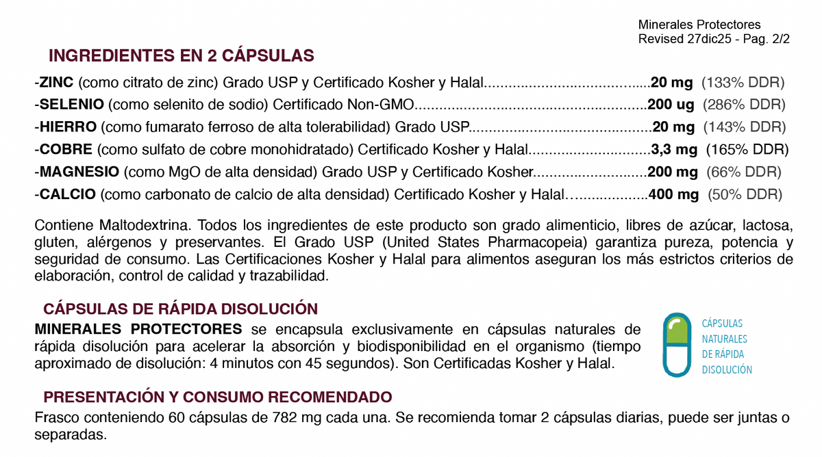 Minerales Protectores Zinc + Selenio + Hierro + Cobre + Magnesio + Calcio – 60 Cápsulas