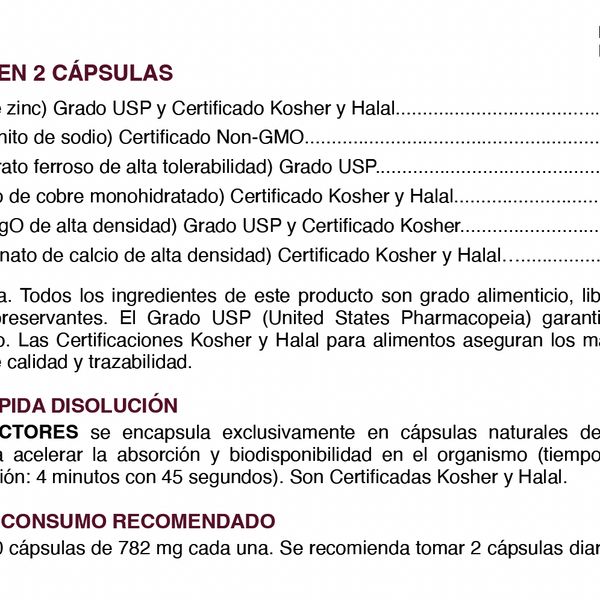 Minerales Protectores Zinc + Selenio + Hierro + Cobre + Magnesio + Calcio – 60 Cápsulas