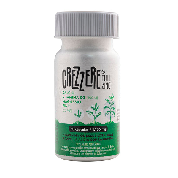 Crezzere Full Zinc creciiento de Niños y Adolescentes – Zinc Citrato + Magnesio, Calcio y Vitamina D3 | 30 Cápsulas