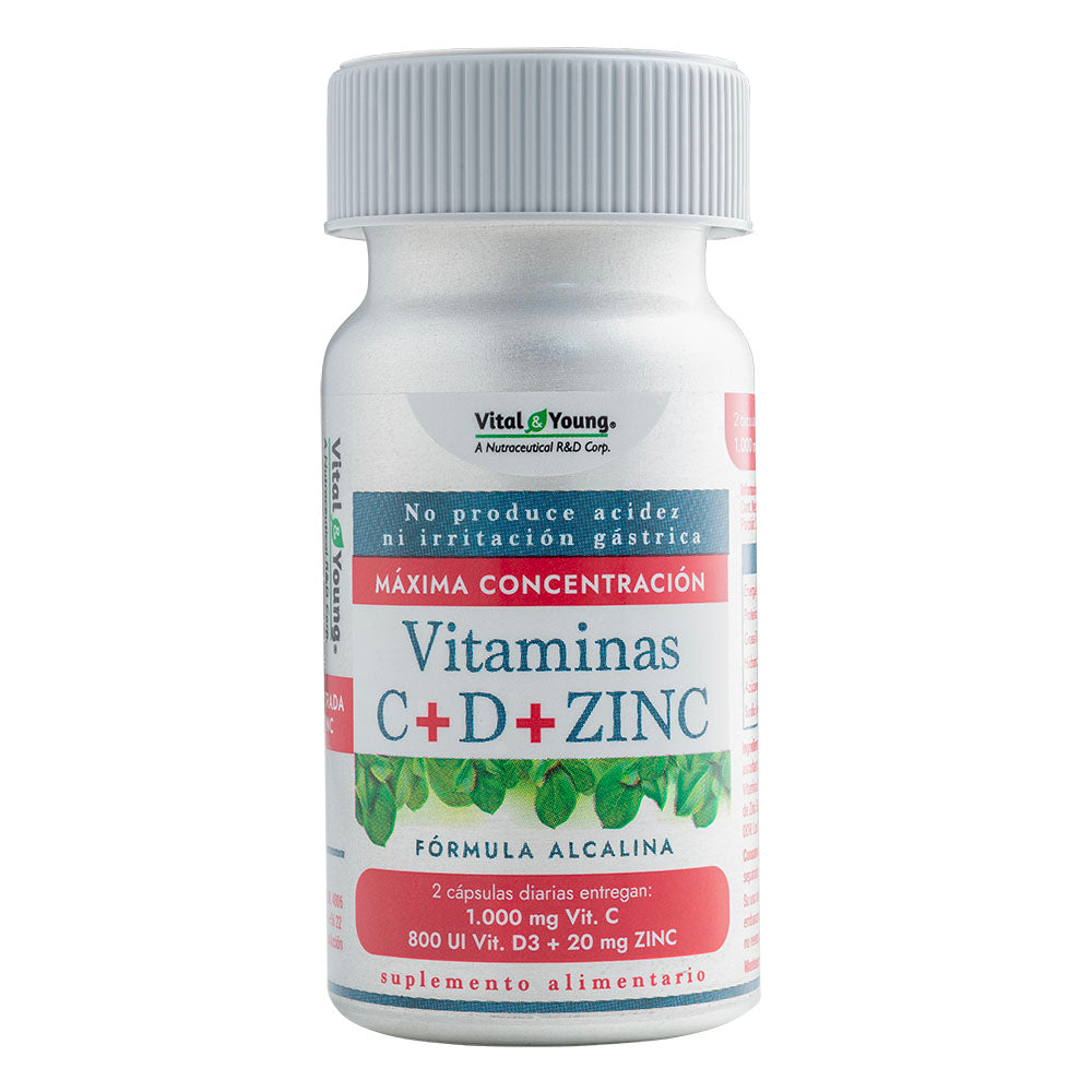 Vitaminas C + D3 + Zinc Fórmula Alcalina – Apoyo Sistema Inmune | 60 Cápsulas