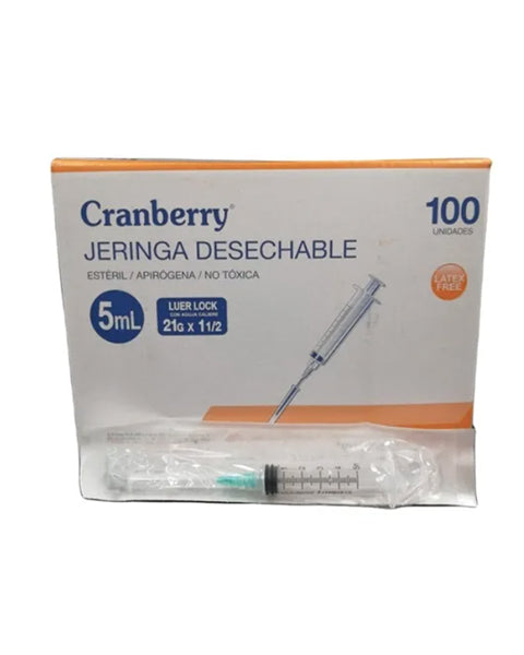 Jeringa Con Aguja 5ml Luer Lock 21g x 1  1/2 x 100 Unds. Cranberry