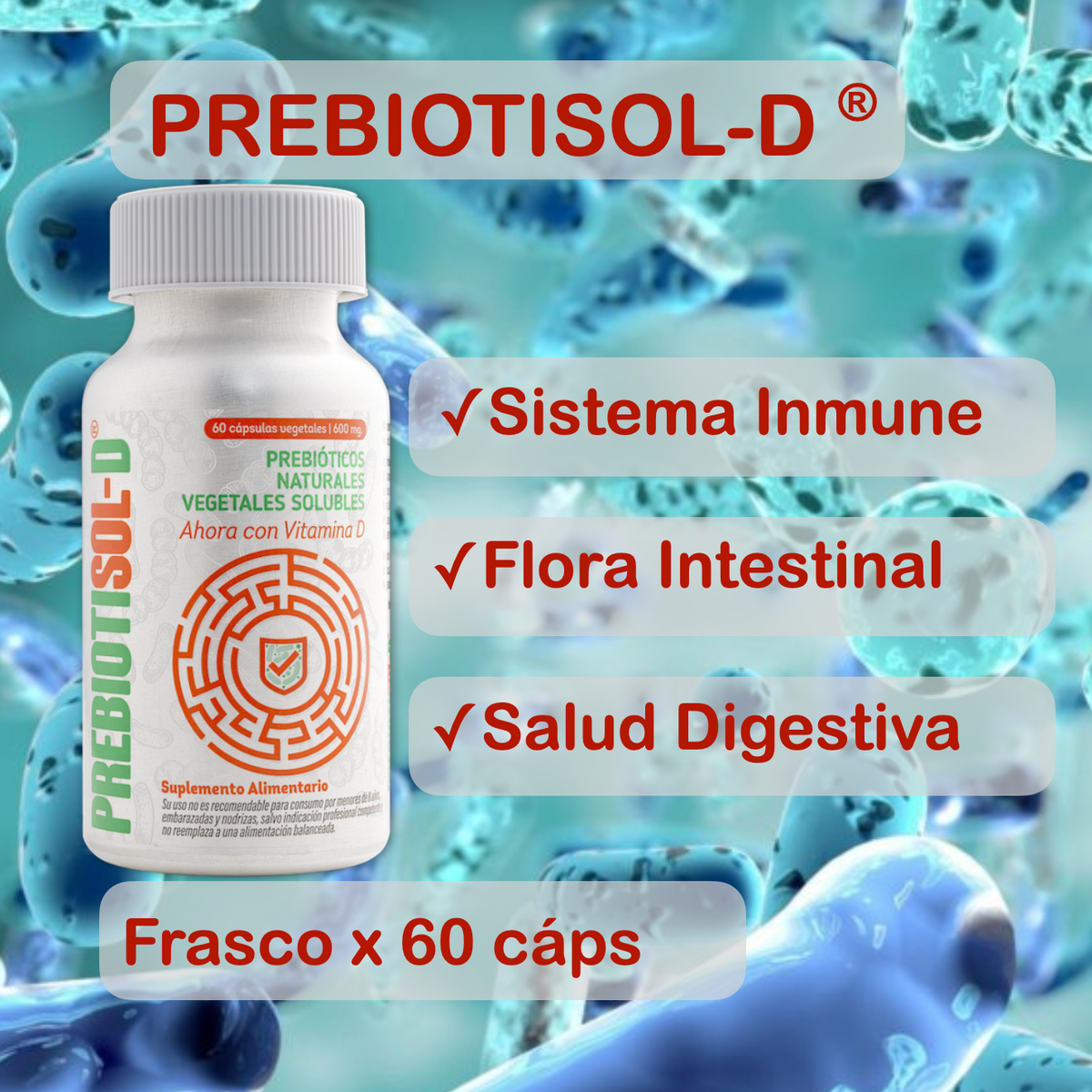 Prebiotisol-D® Prebióticos Naturales con Vitamina D3 – Salud Digestiva y Microbiota | 60 Cápsulas