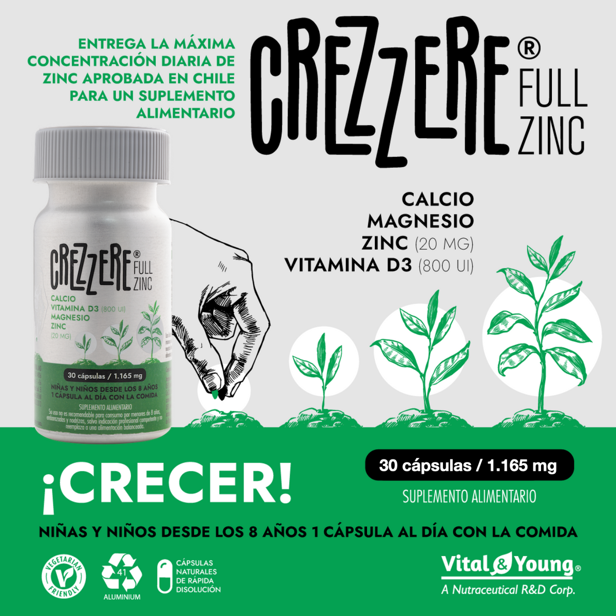 Crezzere Full Zinc creciiento de Niños y Adolescentes – Zinc Citrato + Magnesio, Calcio y Vitamina D3 | 30 Cápsulas