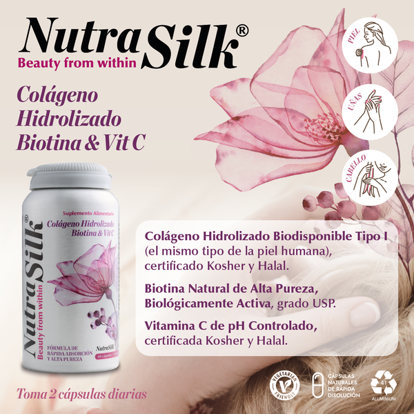 Nutrasilk Biotina + Colágeno Hidrolizado Tipo I y Vitamina C – Cabello, Piel y Uñas | 60 Cápsulas