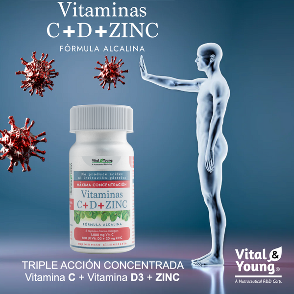 Vitaminas C + D3 + Zinc Fórmula Alcalina – Apoyo Sistema Inmune | 60 Cápsulas