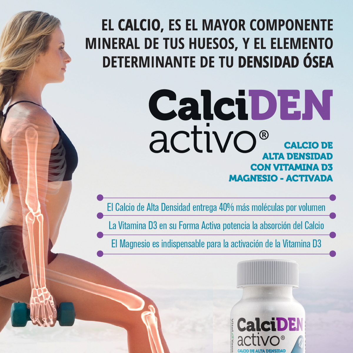 CalciDEN Activo® Calcio 500 mg + Vitamina D3 y Magnesio – Grado USP | 60 Cápsulas