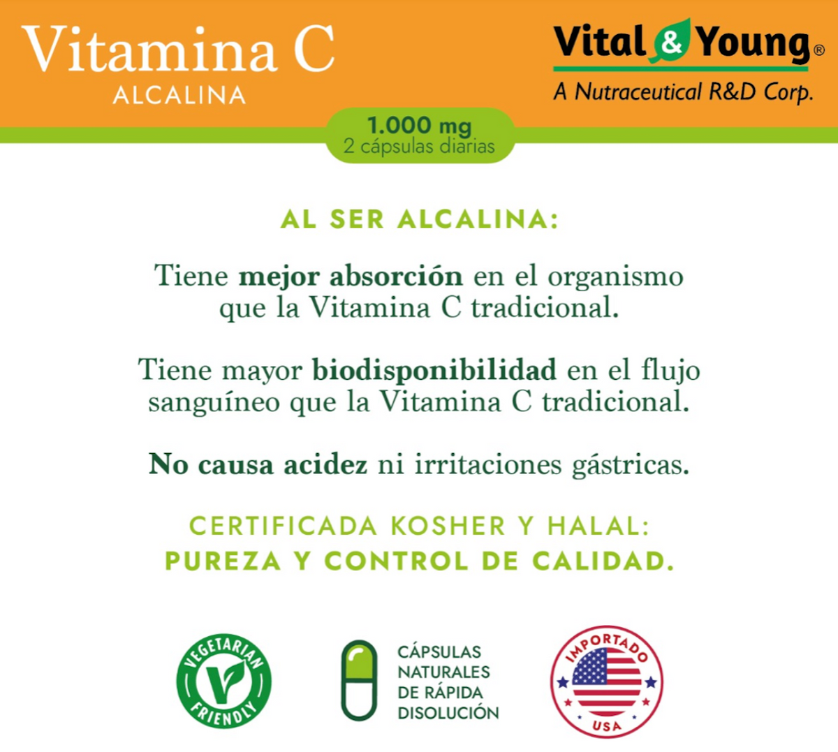 Vitamina C Alcalina 1000 mg (Ascorbato de Calcio USP) – Alta Biodisponibilidad | 60 Cápsulas