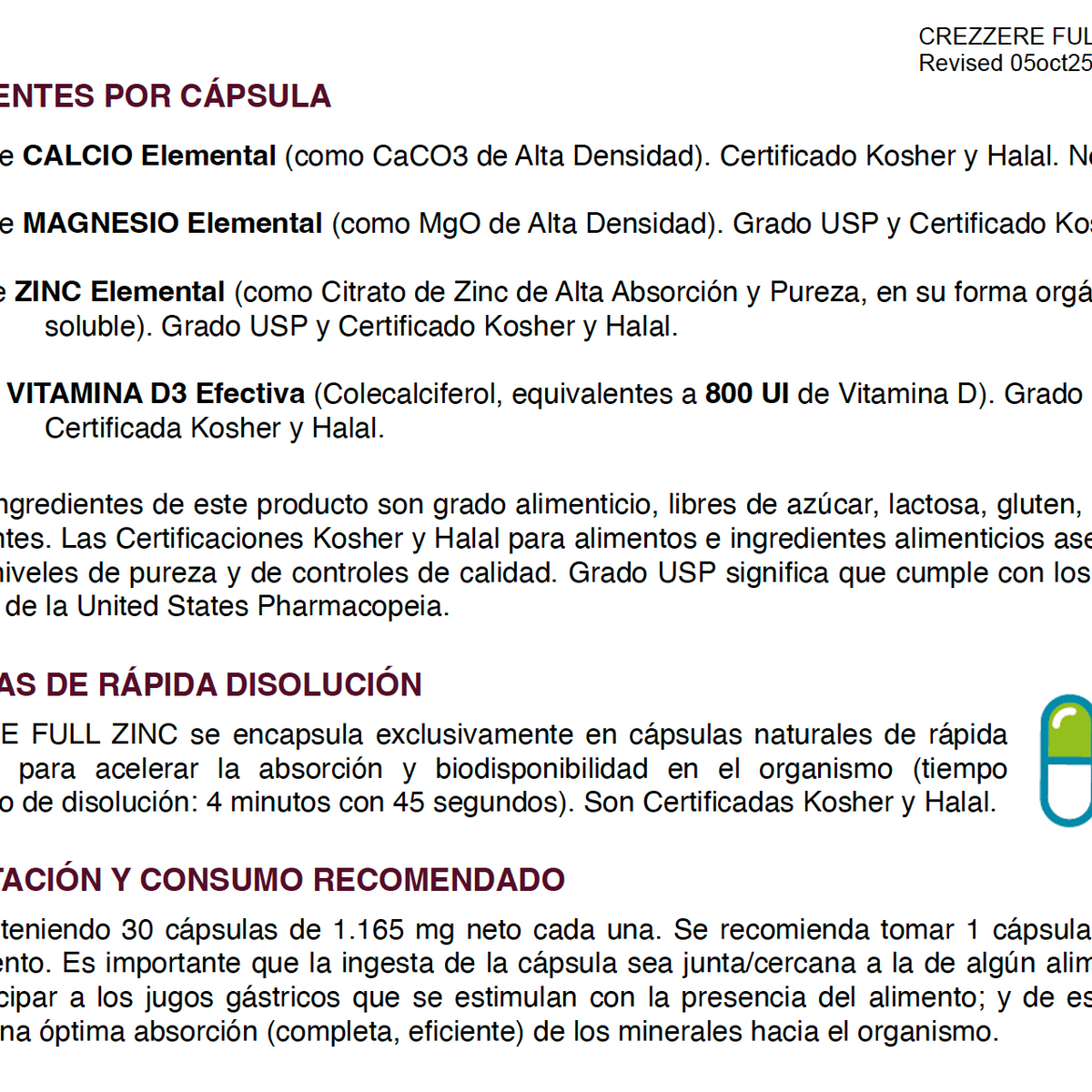 Crezzere Full Zinc creciiento de Niños y Adolescentes – Zinc Citrato + Magnesio, Calcio y Vitamina D3 | 30 Cápsulas
