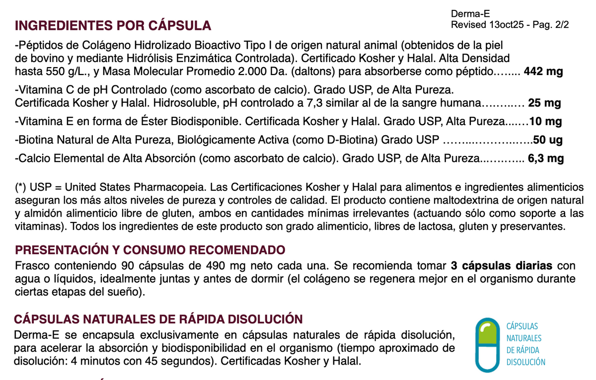 Derma-E Colágeno Hidrolizado 2.000 Da + Vitamina C, E, Biotina y Calcio – 90 Cápsulas