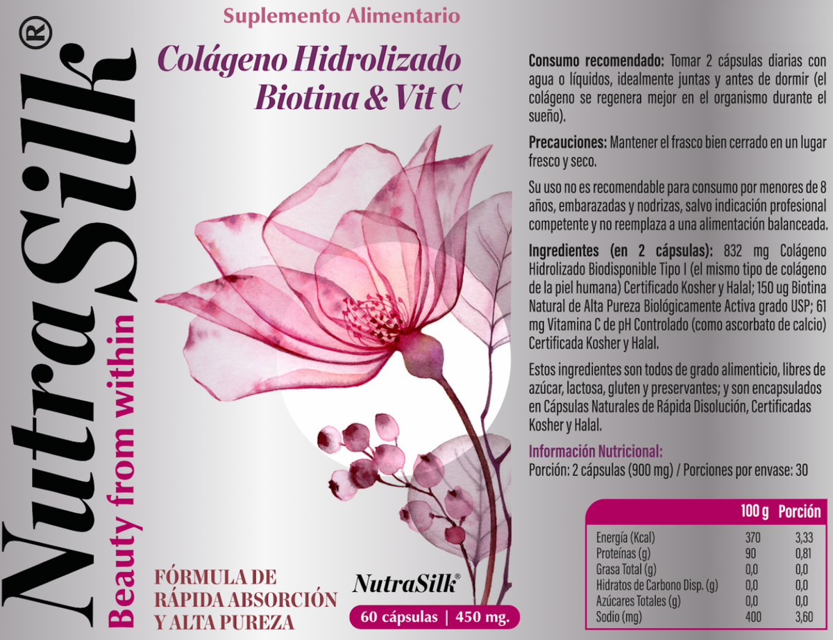 Nutrasilk Biotina + Colágeno Hidrolizado Tipo I y Vitamina C – Cabello, Piel y Uñas | 60 Cápsulas