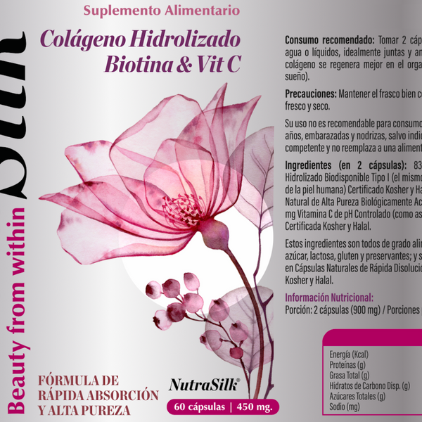 Nutrasilk Biotina + Colágeno Hidrolizado Tipo I y Vitamina C – Cabello, Piel y Uñas | 60 Cápsulas