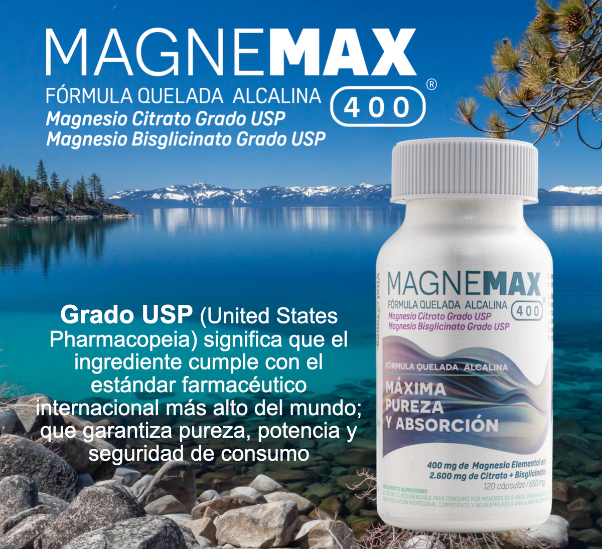Magnemax 400® Magnesio 400 mg Elemental – Citrato + Bisglicinato Grado USP | 120 Cápsulas