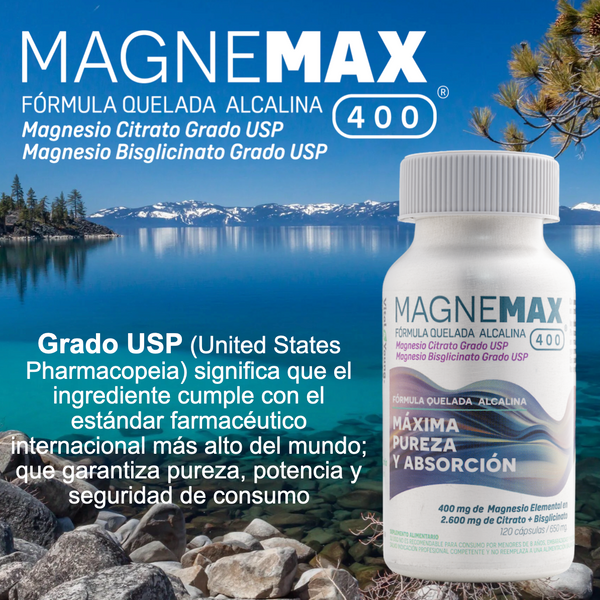 Magnemax 400® Magnesio 400 mg Elemental – Citrato + Bisglicinato Grado USP | 120 Cápsulas