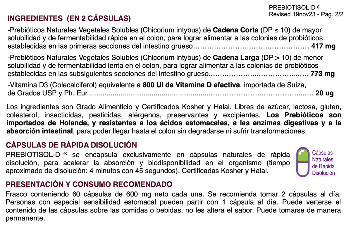 Prebiotisol-D® Prebióticos Naturales con Vitamina D3 – Salud Digestiva y Microbiota | 60 Cápsulas