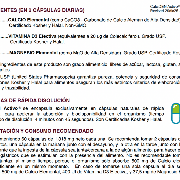 CalciDEN Activo® Calcio 500 mg + Vitamina D3 y Magnesio – Grado USP | 60 Cápsulas