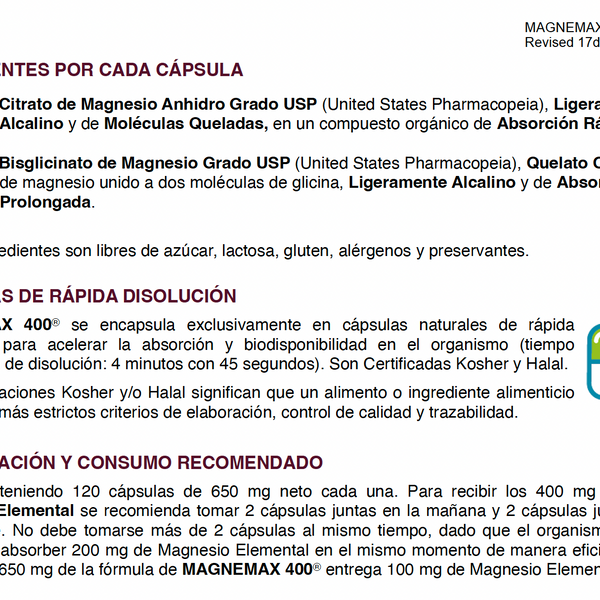 Magnemax 400® Magnesio 400 mg Elemental – Citrato + Bisglicinato Grado USP | 120 Cápsulas