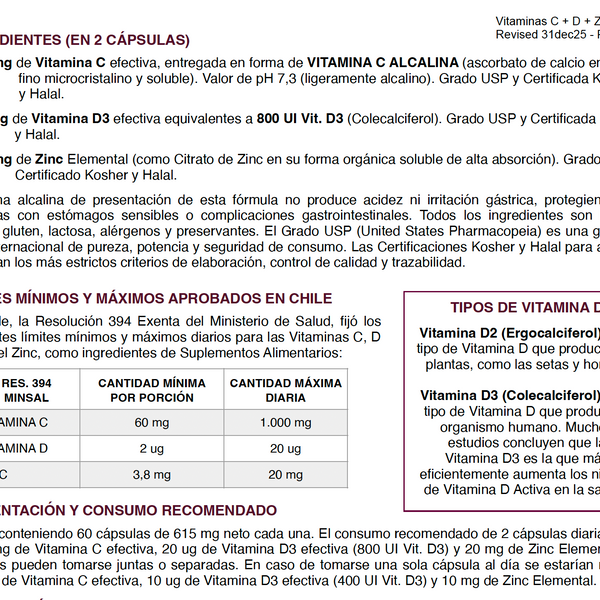Vitaminas C + D3 + Zinc Fórmula Alcalina – Apoyo Sistema Inmune | 60 Cápsulas