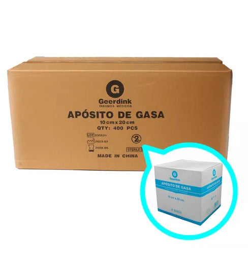 Aposito de gasa no tejida esteril Geerdink 10 CM x 20 CM – Caja madre x 400 unidades