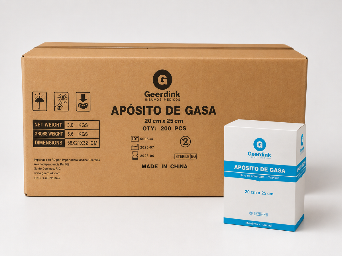 Apósito de gasa no tejida estéril 20x25 CM Geerdink | Caja madre (10 cajas × 25 apósitos)