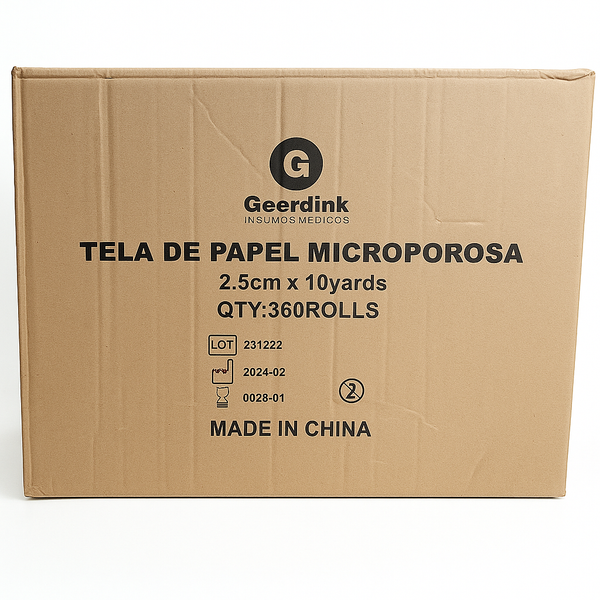 Tela microporosa Adhesiva Papel C/Dispensador 2.5 CM. x 9.1 MTS. Caja Madre de 360 Rollos