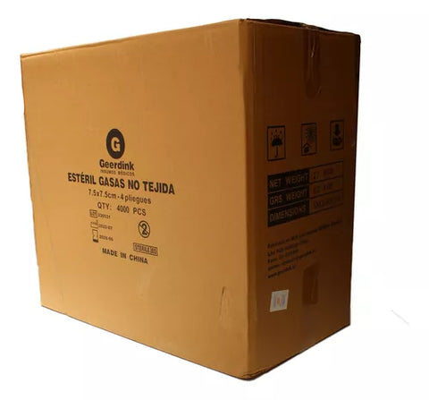 Gasa no tejida esteril Geerdink 7,5 CM x 7,5 CM – Caja madre x 2000 sobres x 2 unidades de gasas.