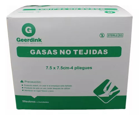 Gasa no tejida esteril Geerdink 7,5 CM x 7,5 CM – Caja madre x 2000 sobres x 2 unidades de gasas.