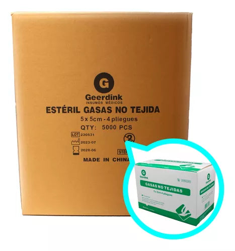 Gasa no tejida esteril Geerdink 5 CM x 5 CM – Caja madre x 2500 sobres x 2 unidades de gasas.