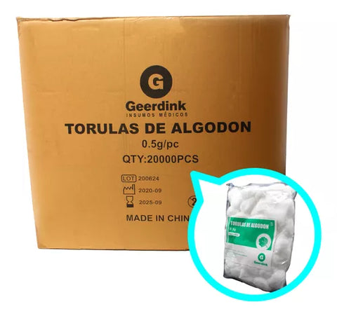 Torulas de algodón de 0,5 Gr. – Caja madre x 200 bolsas de 100 unidades.