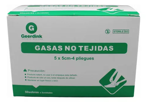 Gasa no tejida esteril Geerdink 5 CM x 5 CM – Caja madre x 2500 sobres x 2 unidades de gasas.