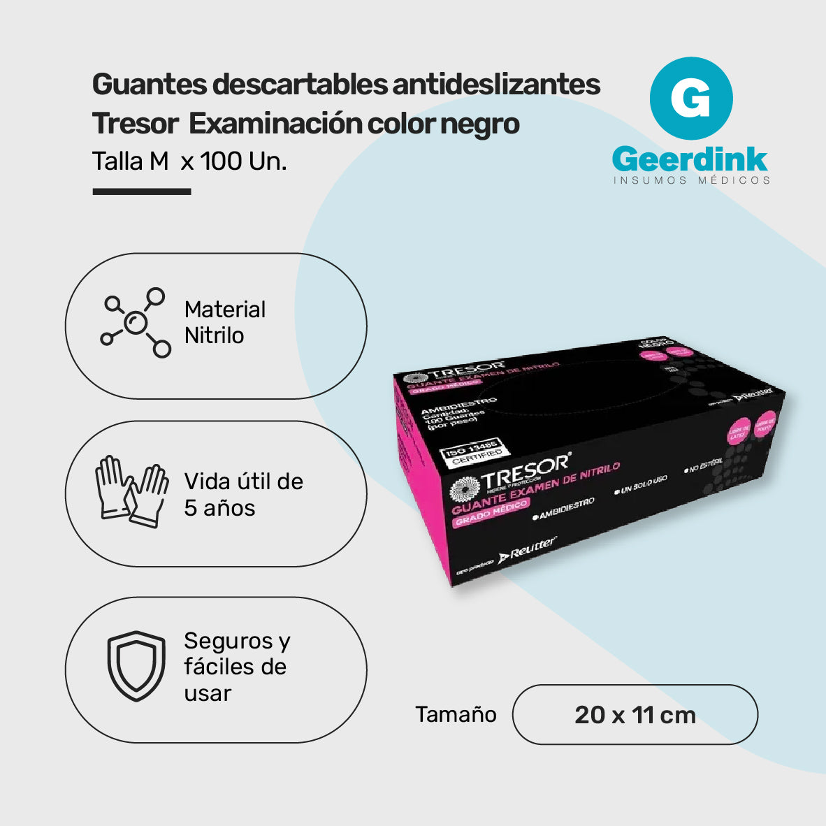 Guante Nitrilo Color Negro Tresor, Tallas S-M-L-XL Caja X 100 Unds.