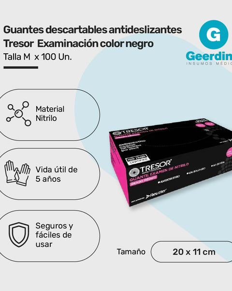 Guante Nitrilo Color Negro Tresor, Tallas S-M-L-XL Caja X 100 Unds.