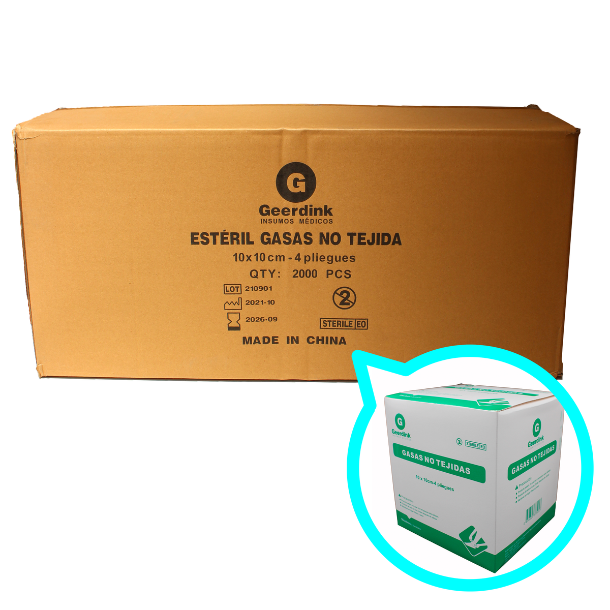 Gasa no tejida esteril Geerdink 10CM x 10CM – Caja madre x 20 cajas x 50 sobres x 2 unidades de gasas.