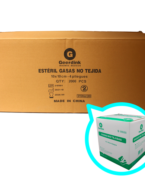 Gasa no tejida esteril Geerdink 10CM x 10CM – Caja madre x 20 cajas x 50 sobres x 2 unidades de gasas.