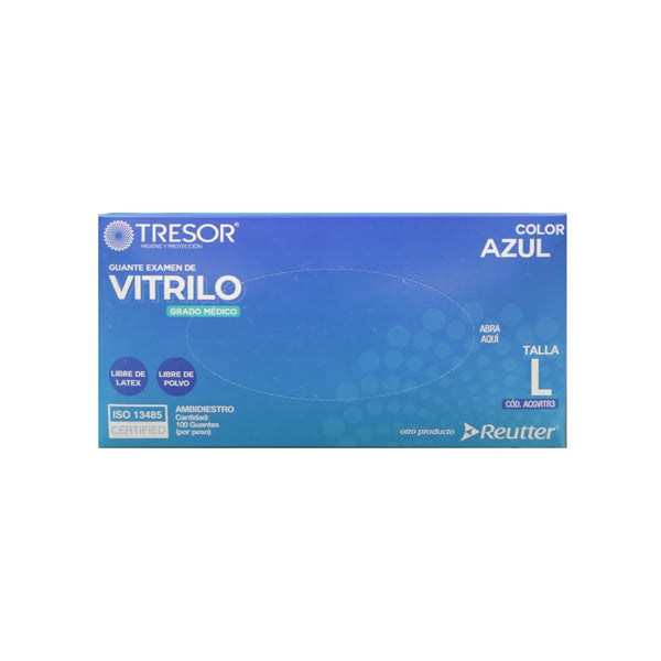 Guante Vitrilo Color Azul Tresor Grado Medico Tallas S-M-L