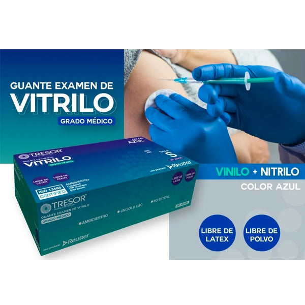 Guante Vitrilo Color Azul Tresor Grado Medico Tallas S-M-L