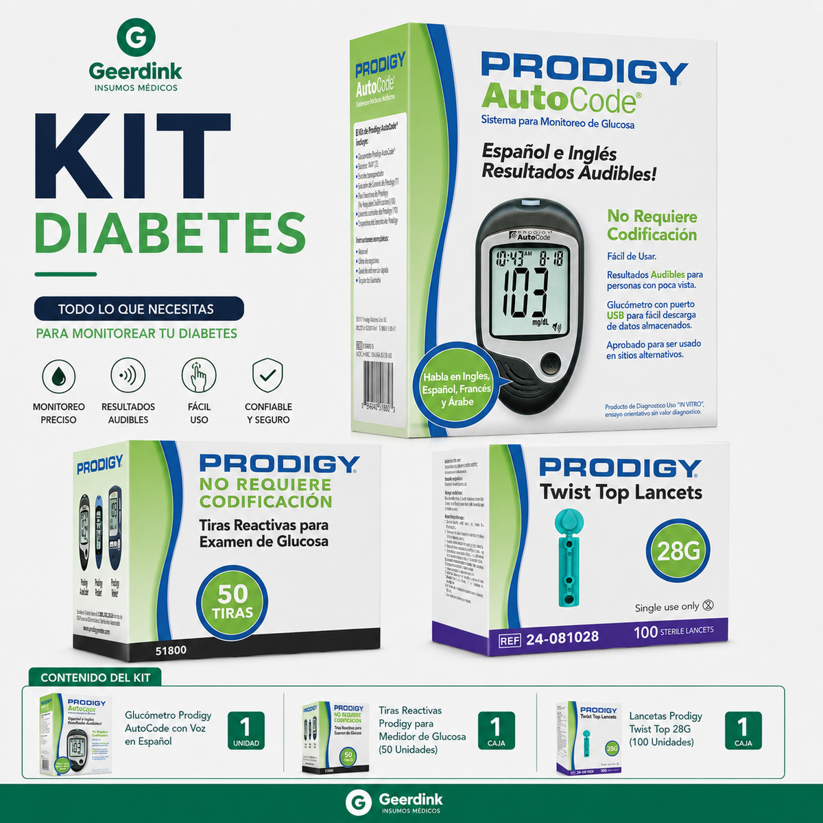 Kit Diabetes Prodigy: Glucómetro + Tiras reactivas + Lancetas