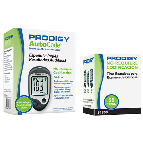 Glucometro Prodigy AutoCode con Voz en Español + 50 Tiras reactivas