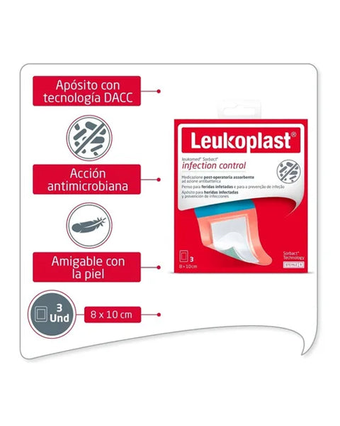 Leukoplast Sorbact Apósito 8x10cm Pad Central Antimicrobiano Caja x 3 unidades