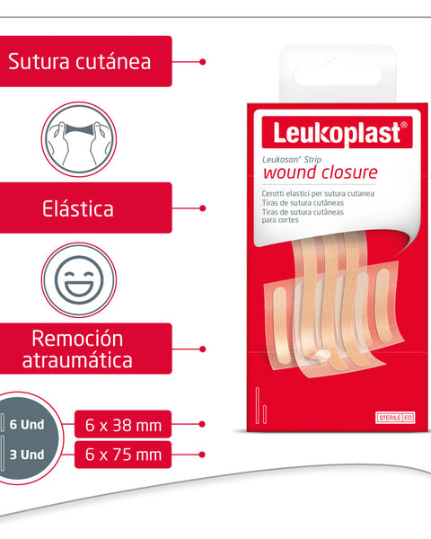 Leukoplast Leukosan Strip - 9 Tiras De Sutura Para Cortes 6 Tiras de 6x38 MM. + 3 Tiras 6x75 MM.