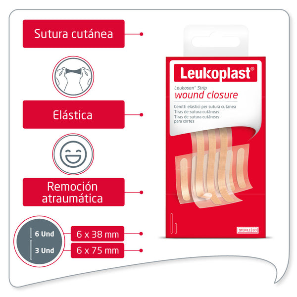 Leukoplast Leukosan Strip - 9 Tiras De Sutura Para Cortes 6 Tiras de 6x38 MM. + 3 Tiras 6x75 MM.