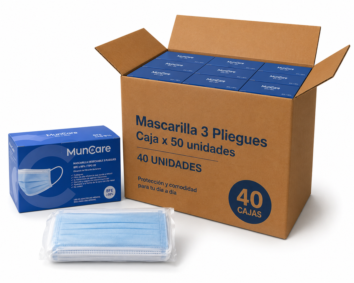 Mascarilla 3 pliegues caja 50 Un.  Pack x 40 cajas. MAYORISTA