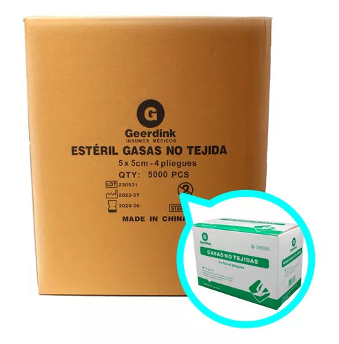 Gasa no tejida esteril Geerdink 5 CM x 5 CM – Caja madre x 2500 sobres x 2 unidades de gasas.