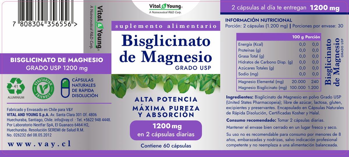 Bisglicinato de Magnesio 240 mg Alta Absorción Grado USP Vital & Young – 60 Cápsulas