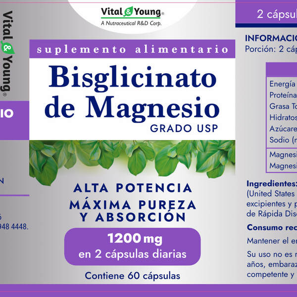 Bisglicinato de Magnesio 240 mg Alta Absorción Grado USP Vital & Young – 60 Cápsulas