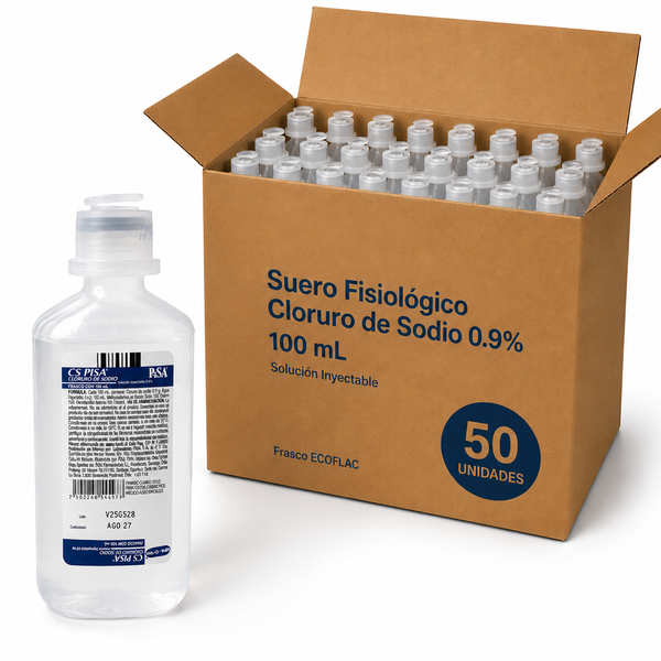 Suero Fisiologico - Cloruro de sodio 0,9%100 ML. Pack x 50 Un. MAYORISTA