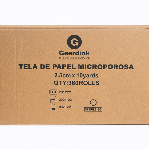 Tela Microporosa Adhesiva con Dispensador Geerdink 2,5 cm × 9,1 m | Caja Madre (30 cajas × 12 rollos)