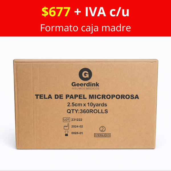 Tela Microporosa Adhesiva con Dispensador Geerdink 2,5 cm × 9,1 m | Caja Madre (30 cajas × 12 rollos)